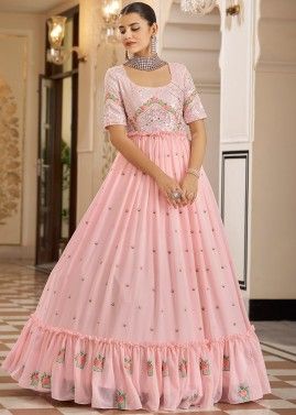 Peach Embroidered Floral Gown In Georgette