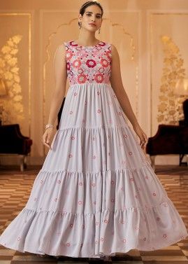 Grey Floral Georgette Gown With Thread Embroidery