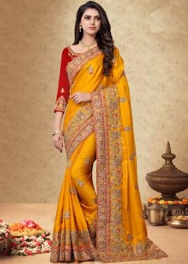 Yellow Embroidered Heavy Border Saree With Blouse