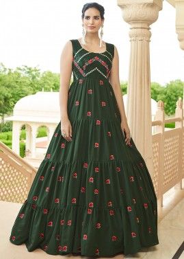 Readymade Green Embroidered Tiered Gown