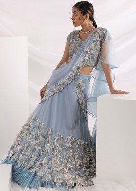 Blue Embroidered Lehenga Set & Attached Dupatta