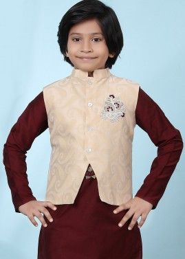 Beige Woven Readymade Nehru Jacket For Kids