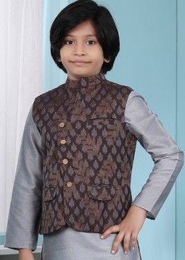 Readymade Brown Nehru Jacket With Woven Work