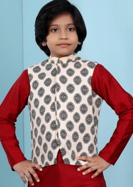 Readymade Printed Silk Nehru Jacket In Cream
