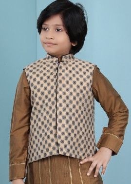 Beige Printed Readymade Nehru Jacket In Silk