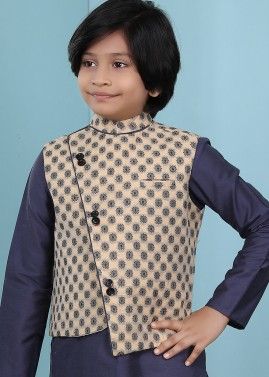 Angrakha Style Printed Readymade Nehru Jacket In Beige