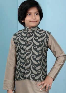 Readymade Black Kids Nehru Jacket With Woven Motifs