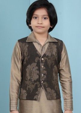 Readymade Brown Woven Nehru Jacket For Kids