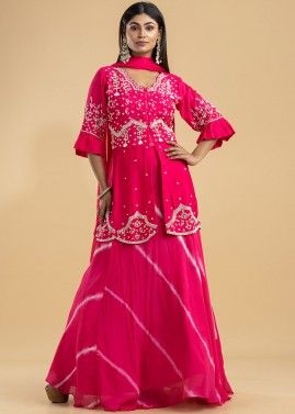 Pink Embroidered Kurti Style Lehenga In Dupion Silk
