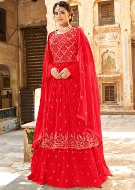 Red Embroidered Kurti Style Lehenga In Georgette