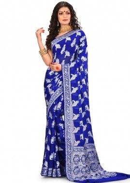 Blue Woven Pure Banarasi Silk Saree With Blouse