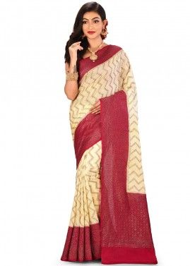 Cream Pure Banarasi Silk Woven Saree With Blouse