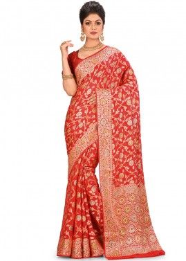 Red Pure Banarasi Silk Floral Woven Bridal Saree