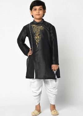 Black Angrakha Style Kids Dhoti kurta In Art Silk