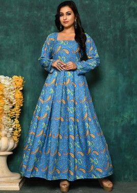 Blue Digital Printed Readymade Cotton Gown