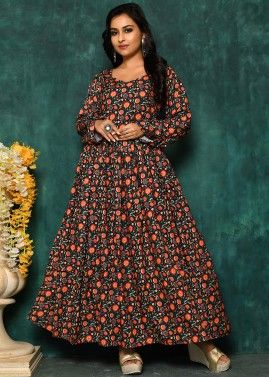 Black Floral Printed Readymade Cotton Gown