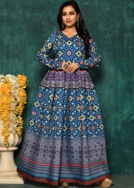 Blue Digital Printed Readymade Chanderi Gown