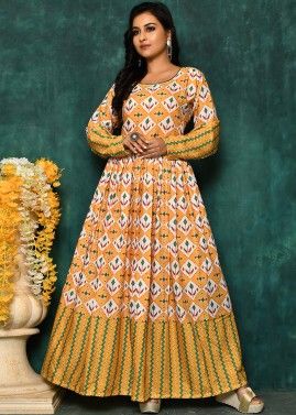 Yellow Digital Printed Readymade Cotton Gown