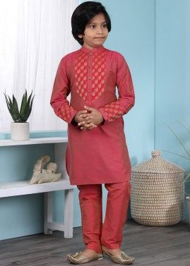 Woven Red Readymade Kurta Pajama For Kids