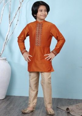 Orange Readymade Kurta Pajama With Woven Work