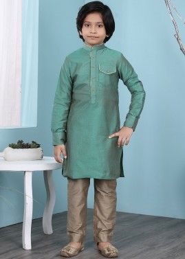 Green Readymade Plain Kurta Pajama For Kids