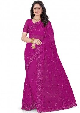 Purple Embroidered Heavy Border Saree With Blouse