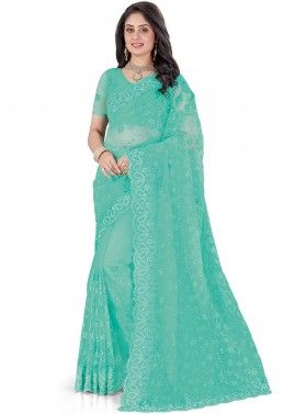 Turquoise Heavy Border Embroidered Saree