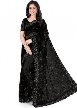 Black Embroidered Heavy Border Saree With Blouse