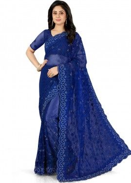 Blue Embroidered Heavy Border Saree With Blouse