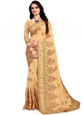 Beige Embroidered Heavy Border Saree With Blouse