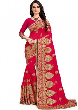 Red Georgette Embroidered Heavy Border Bridal Saree