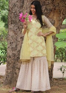 Readymade Yellow Embroidered Gharara Suit