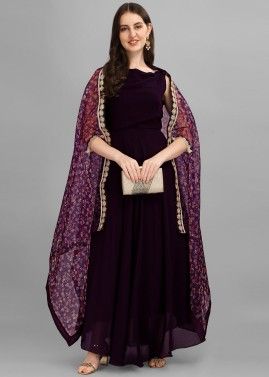 Purple Readymade Plain Gown With Dupatta