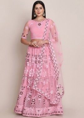 Pink Thread Embroidered Net Lehenga Choli