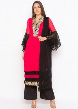 Readymade Red Embroidered Straight Cut Pant Suit