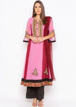 Readymade Pink and Red Embroidered Flared Pant Suit