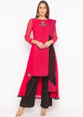 Readymade Red Asymmetric Embroidered Pant Suit