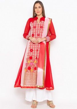 Readymade Red Embroidered Flared Pant Suit
