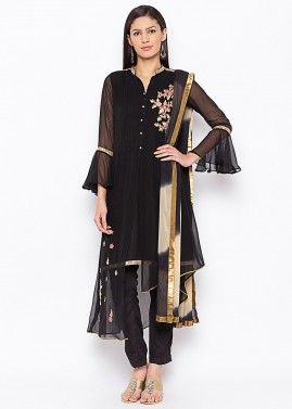Readymade Black Asymmetric Embroidered Pant Suit