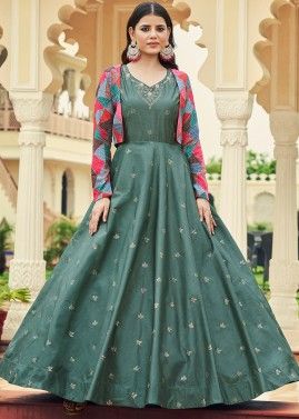 Green Sequined Cotton Readyamde Gown With Jacket