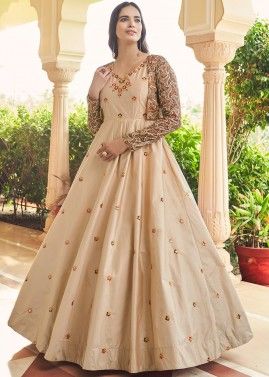 Readymade Cream Sequined Cotton Gown With Jacket