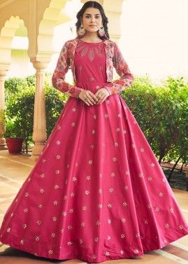 Pink Sequined Cotton Readyamde Gown With Jacket
