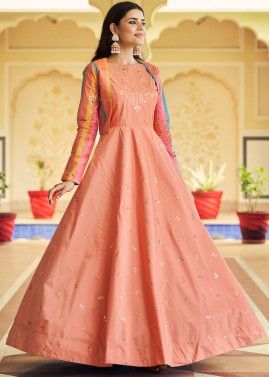 Peach Sequined Cotton Readyamde Gown With Jacket
