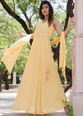 Yellow Georgette Readymade Kameez With Dupatta