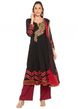 Black And Maroon Readymade Georgette Pant Suit