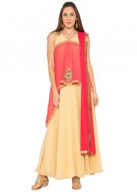 Yellow Georgette Readymade Layered Pant Suit