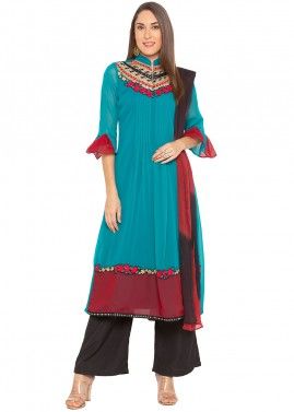 Blue Readymade Suit With Shaded Dupatta