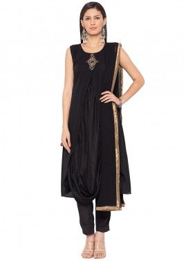 Readymade Black Georgette Cowl Style Suit With Dupatta