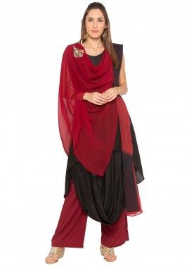 Maroon and Black Readymade Drape Style Pant Suit