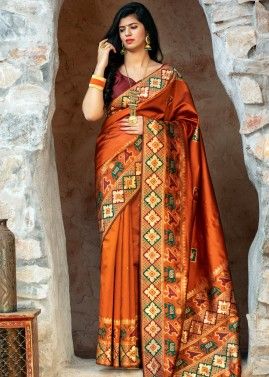 Orange Woven Patola Silk Saree With Blouse